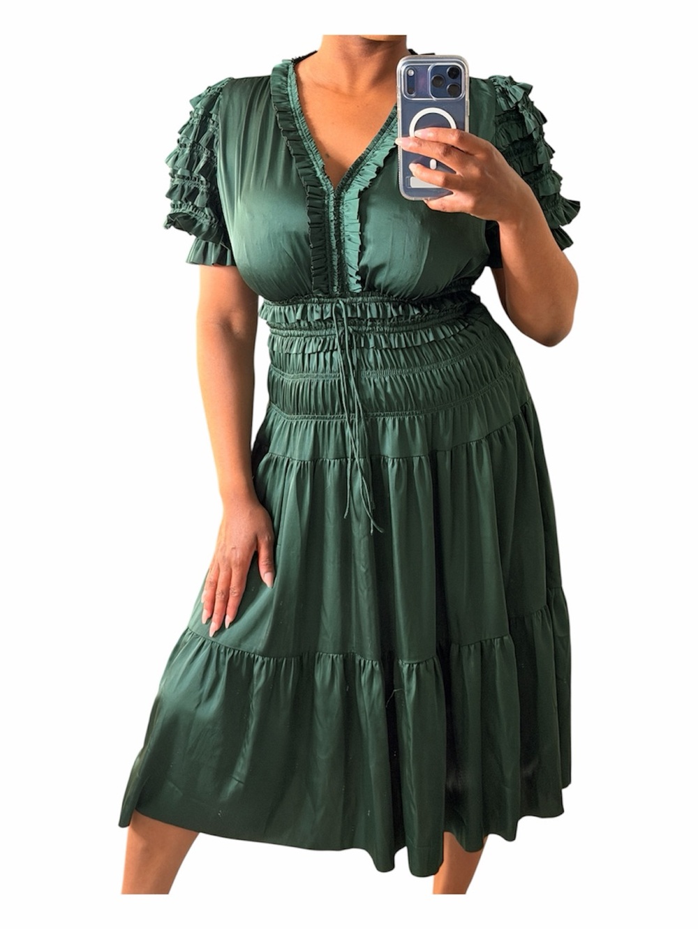 Nanette Lepore Emerald Green Ruffled V-Neck Dress